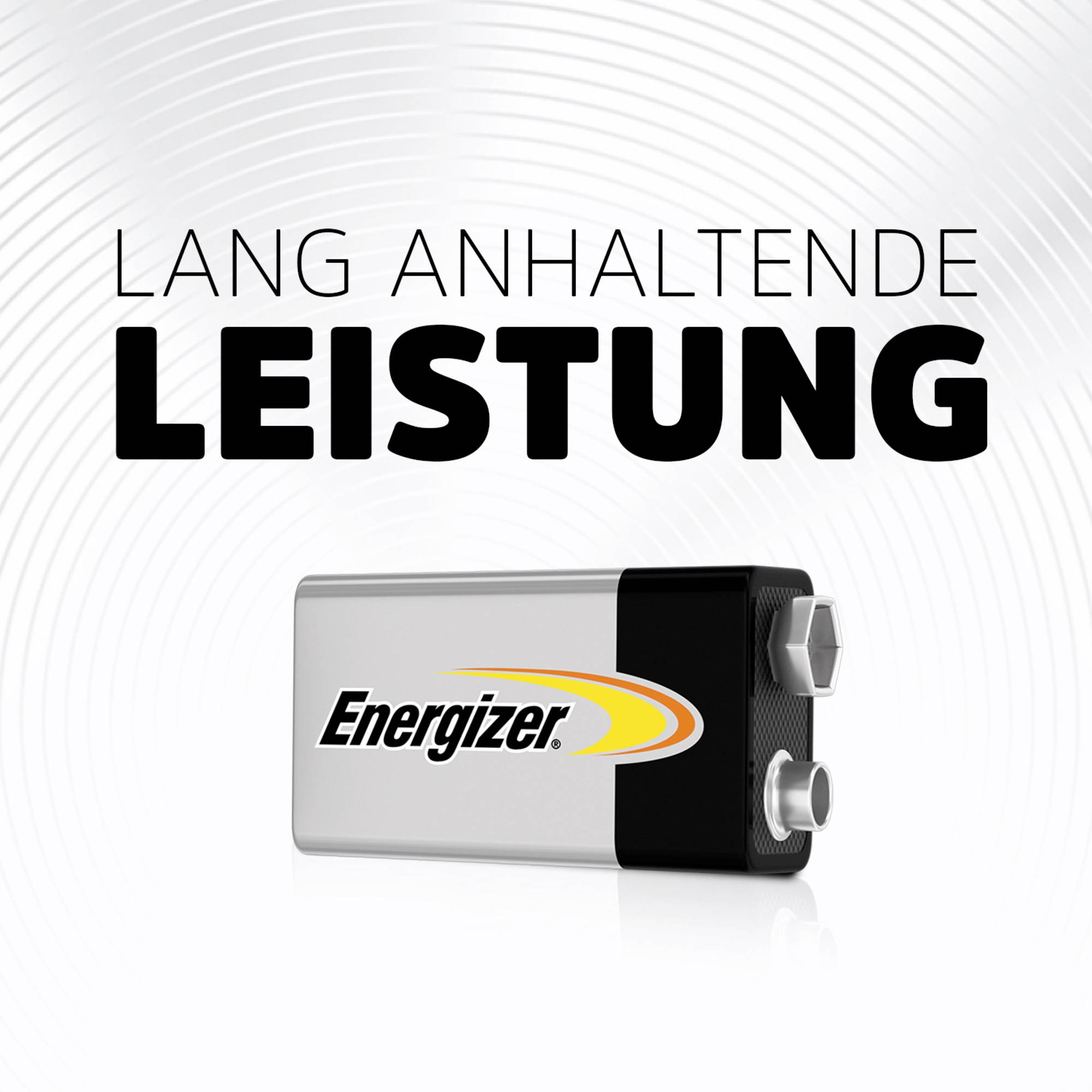 Batteria Energizer con lo slogan 'Lunga durata'. Batteria con involucro argentato e marcatura prominente.
