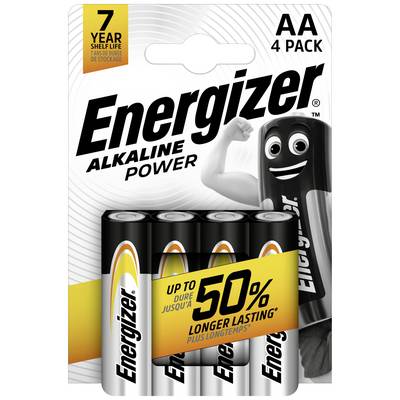 Confezione da quattro batterie alcaline AA Energizer. Caratteristiche principali: '7 anni di durata', 'Fino al 50% di durata più lunga'.