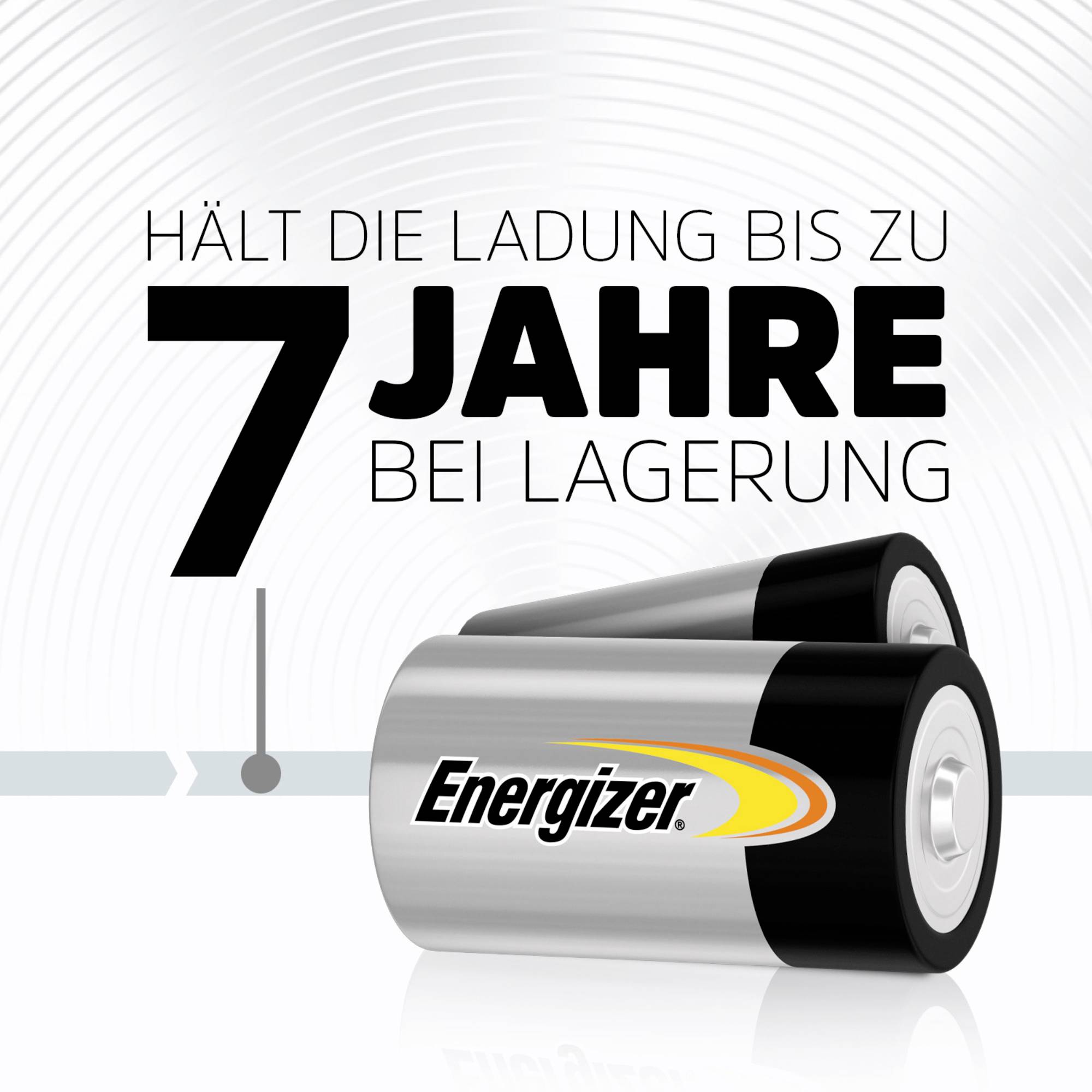 Due batterie Energizer una accanto all'altra. Testo: Mantiene la carica fino a 7 anni di immagazzinamento.