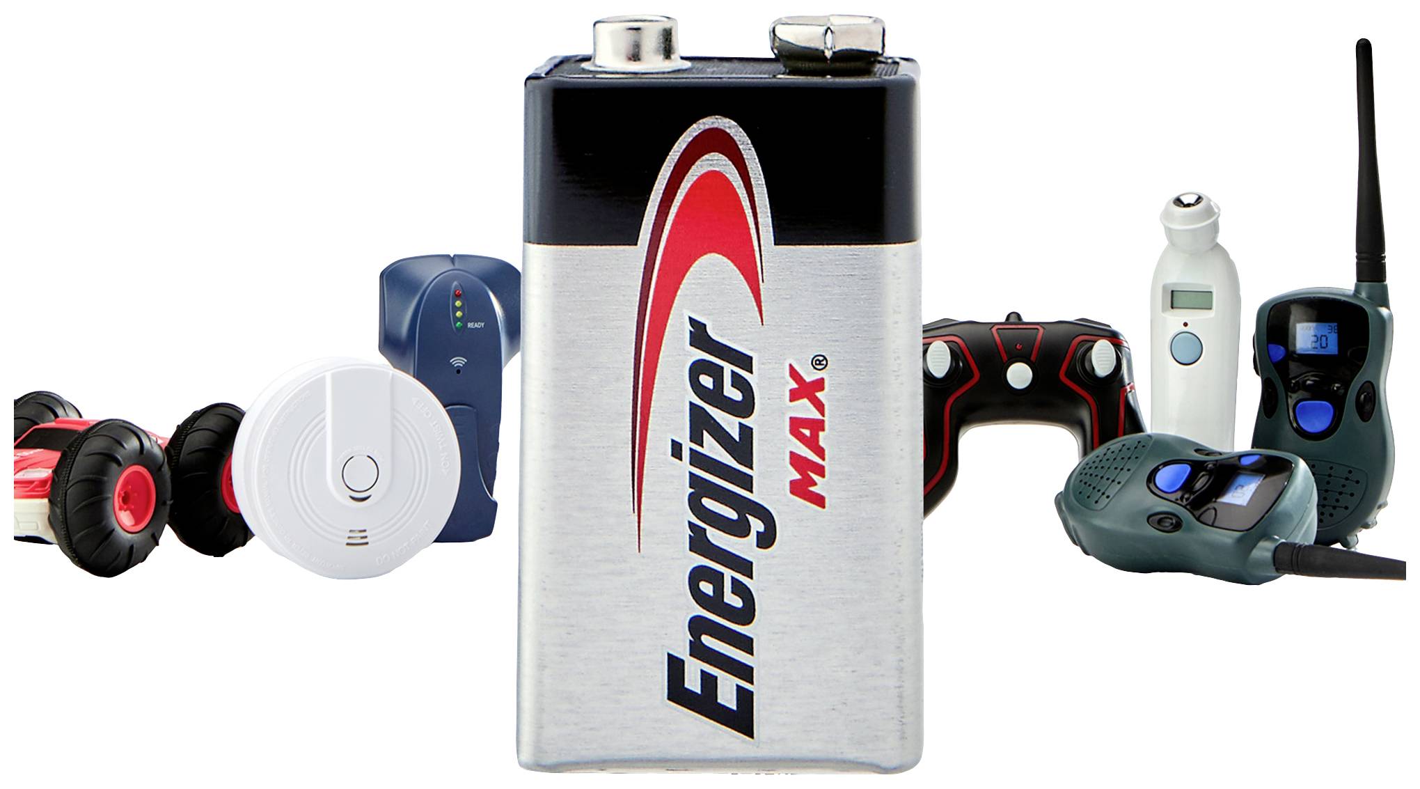 Batterie e vari dispositivi elettronici come telecomandi e ricetrasmittenti. Focus principale sulla batteria centrale.