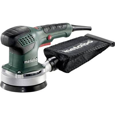 Levigatrice orbitale portatile Metabo con sacchetto della polvere collegato su sfondo bianco.