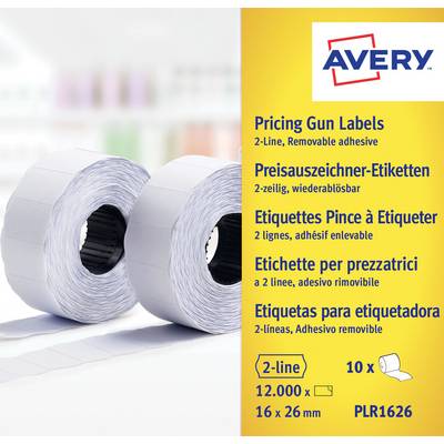 Due rotoli di etichette per prezzi stampabili, a due righe, rimovibili, marca Avery. La confezione mostra cinque lingue.