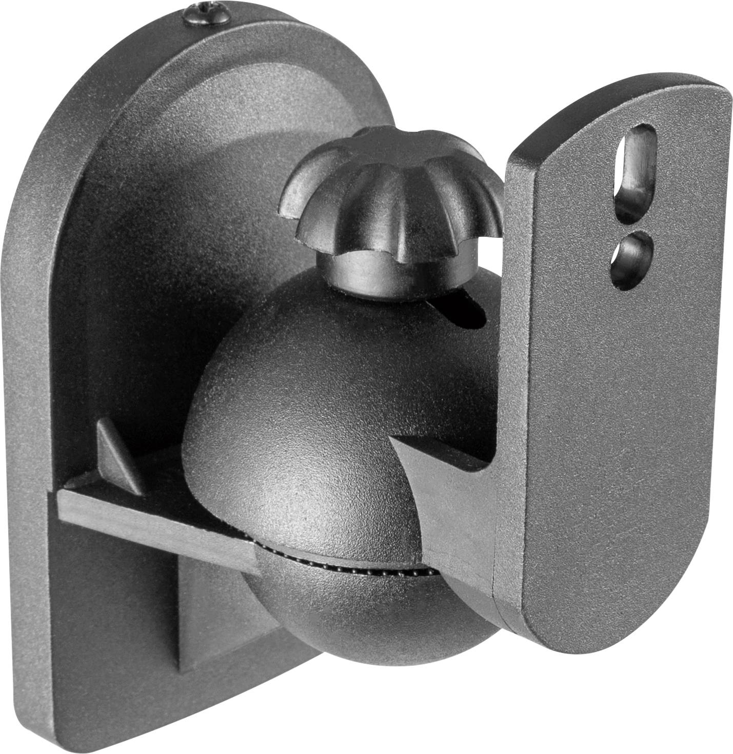 Supporto da parete nero con snodo sferico regolabile e gancio per diverse possibilità di fissaggio.