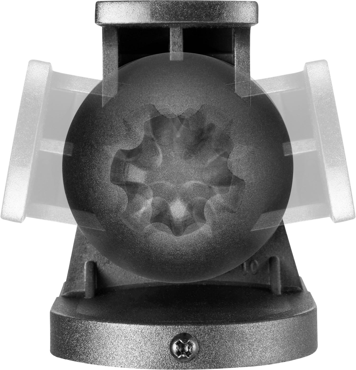 Un oggetto nero a forma di sfera, fissato in un supporto, con rotelline laterali per la regolazione.