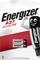 Due batterie alcaline Energizer A27 in una confezione bianca con il logo Energizer e una figura mascotte della batteria sorridente.