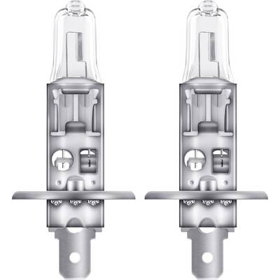 Due lampade alogene con montatura metallica affiancate, adatte per fari di automobili. Hanno una parte superiore in vetro trasparente a forma cilindrica.