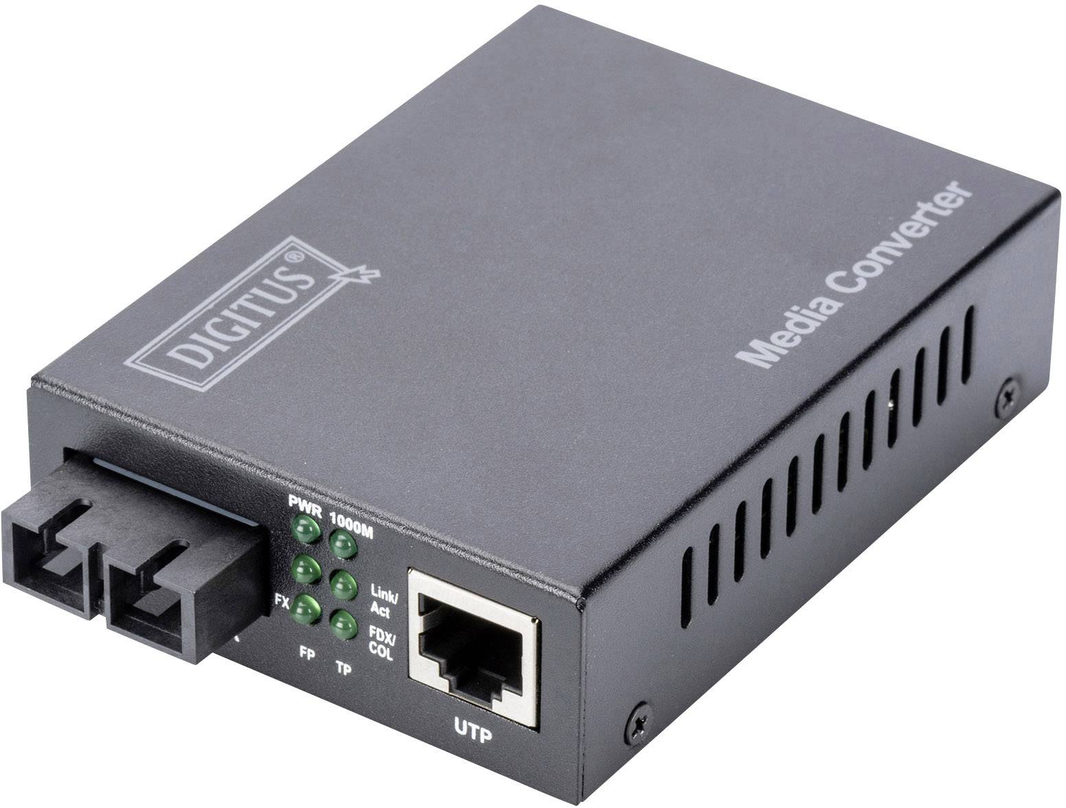 Convertitore multimediale nero con due porte in fibra ottica e una porta Ethernet. Indicatori LED: PWR, FX, LNK/ACT, FDX/COL.