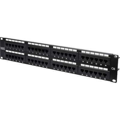 Un patch panel nero con 48 porte Ethernet, numerate da 1 a 48. È destinato al cablaggio di rete nei sistemi IT.