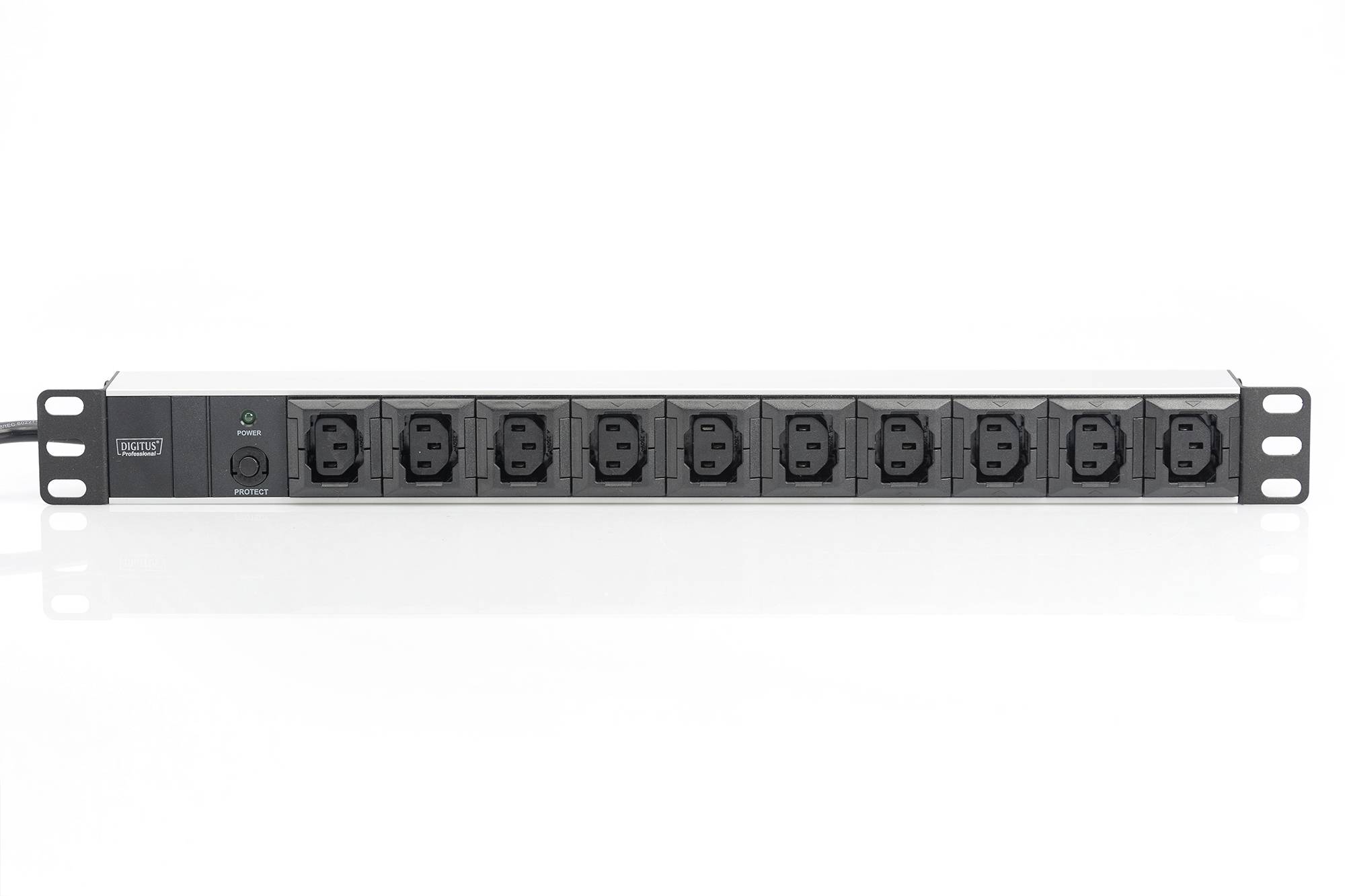 Un alimentatore nero per montaggio a rack con multiple prese e un indicatore LED per lo stato dell'alimentazione.