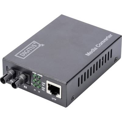Convertitore di Media Digitus con porte per fibra ottica ed Ethernet. Dispositivo per la conversione di segnali tra due interfacce di rete.