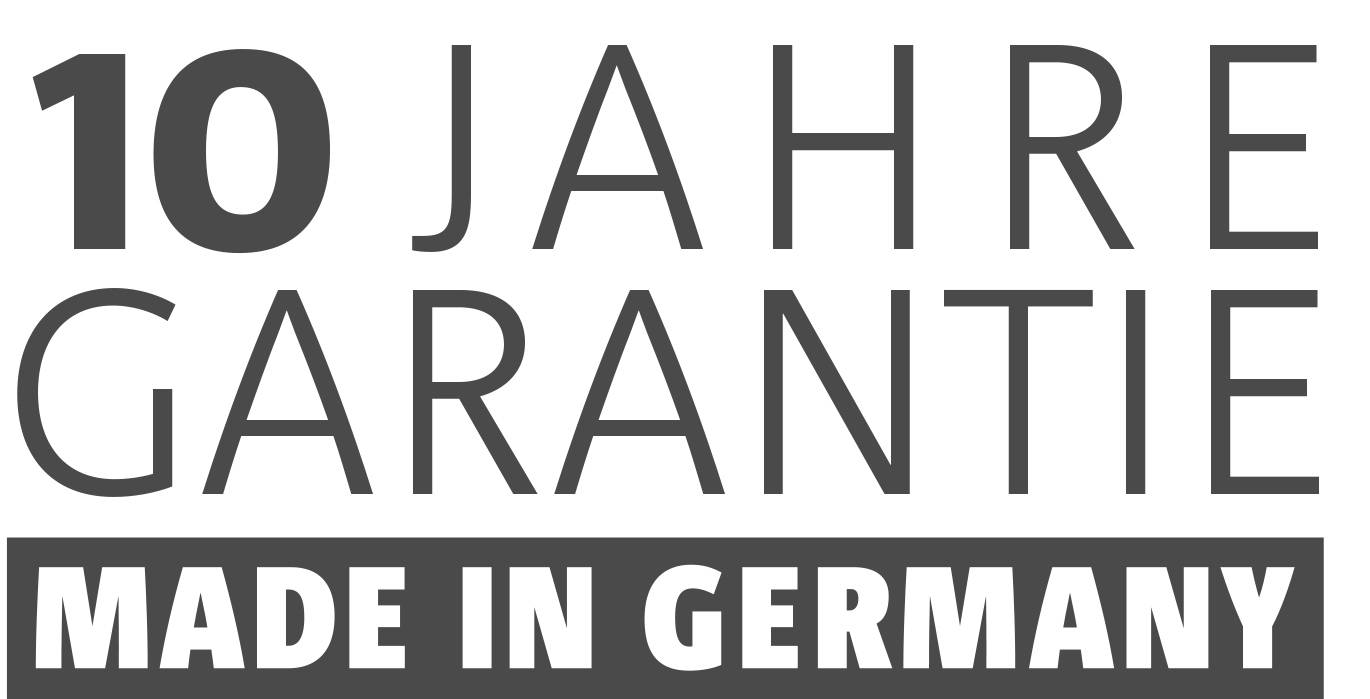 "10 anni di garanzia, Made in Germany" è scritto in grandi lettere.