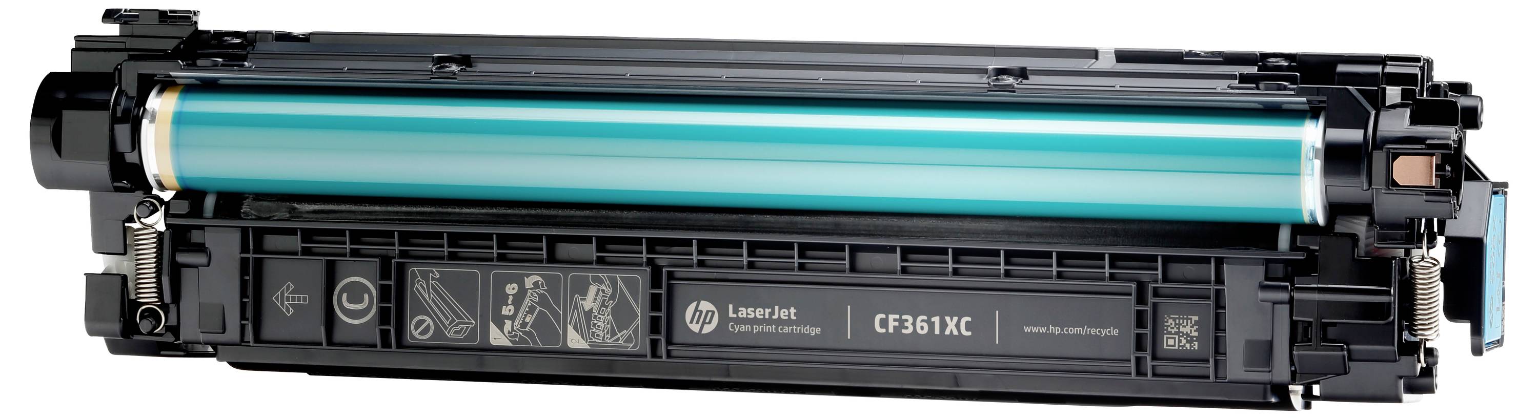 Cartuccia di toner HP LaserJet CF361XC, mostrata in nero con un tamburo toner ciano per una stampante.