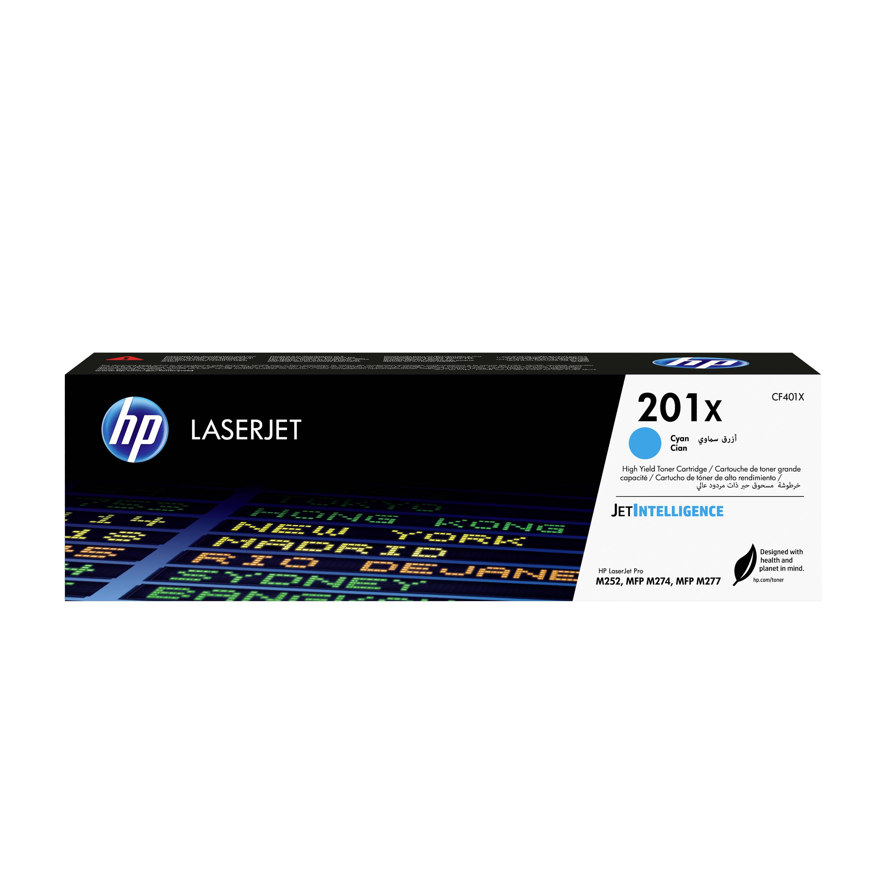 Scatola della cartuccia di toner ciano HP LaserJet 201X con etichetta del prodotto e dettagli di compatibilità visualizzati sulla parte anteriore.