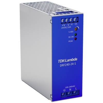 Un alimentatore switching rettangolare con parte anteriore blu, con stampigliatura 'TDK-Lambda DRF240-24-1', con diversi indicatori LED e connettori.