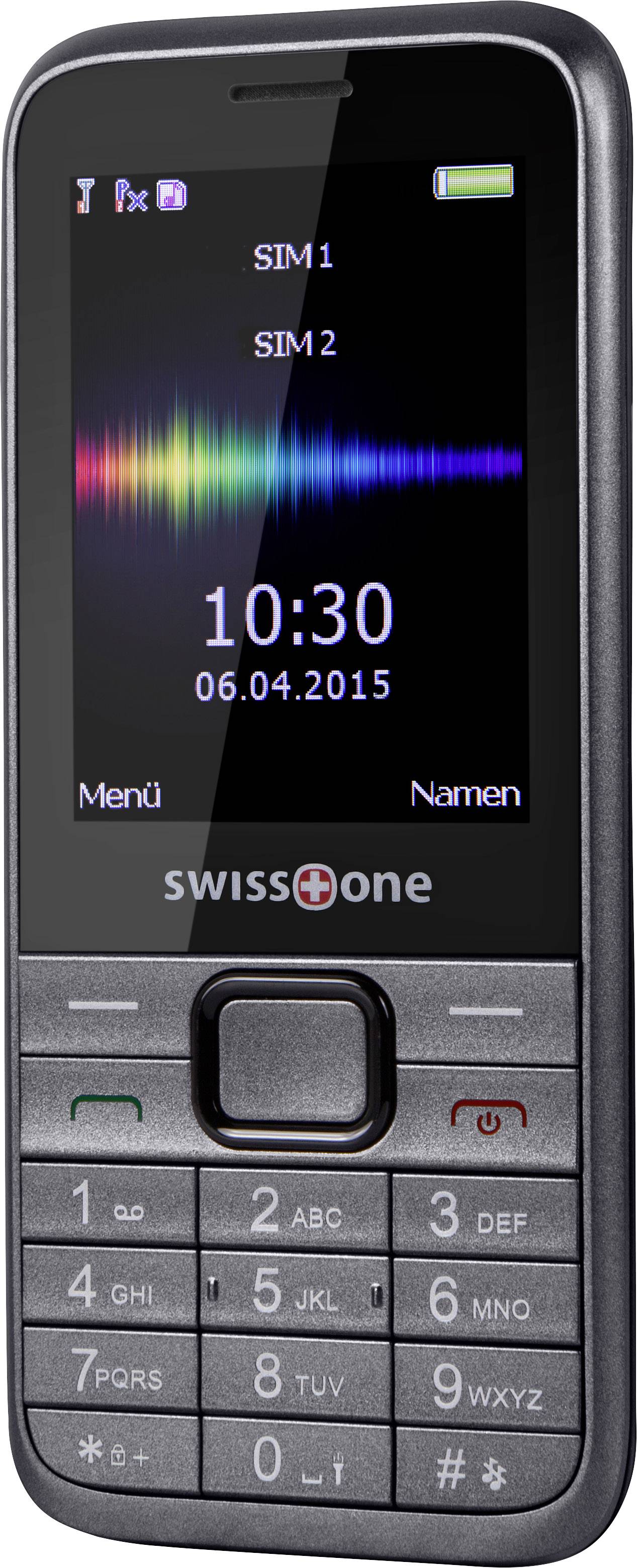 Un telefono cellulare con tasti, display con due schede SIM 'SIM1', 'SIM2', e l'ora '10:30', data '06.04.2015'.
