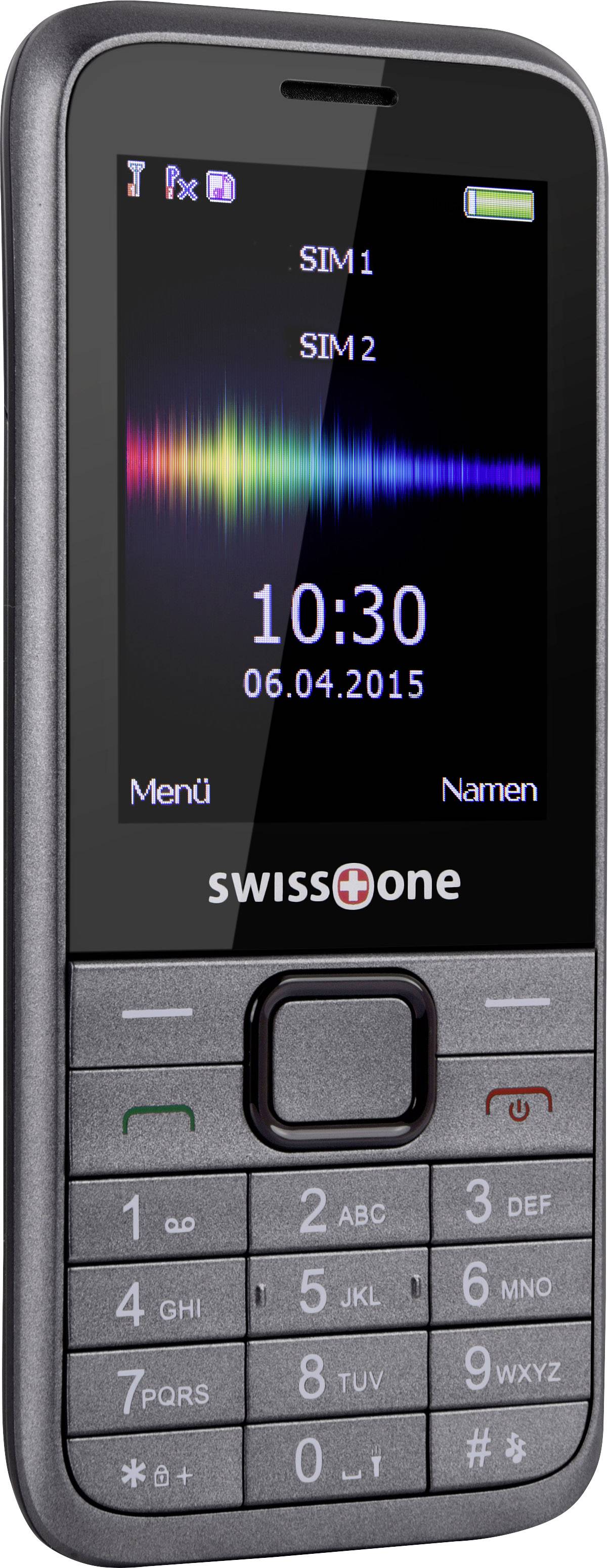 Un telefono cellulare grigio con tasti e piccolo schermo mostra l'ora '10:30', la data '06/04/2015' e gli indicatori della scheda SIM.