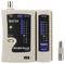 Tester di cavi di rete 'Basetech BT-200' con unità master e remota, che mostra indicatori di segnale per connessioni BNC, RJ-11 e RJ-45.