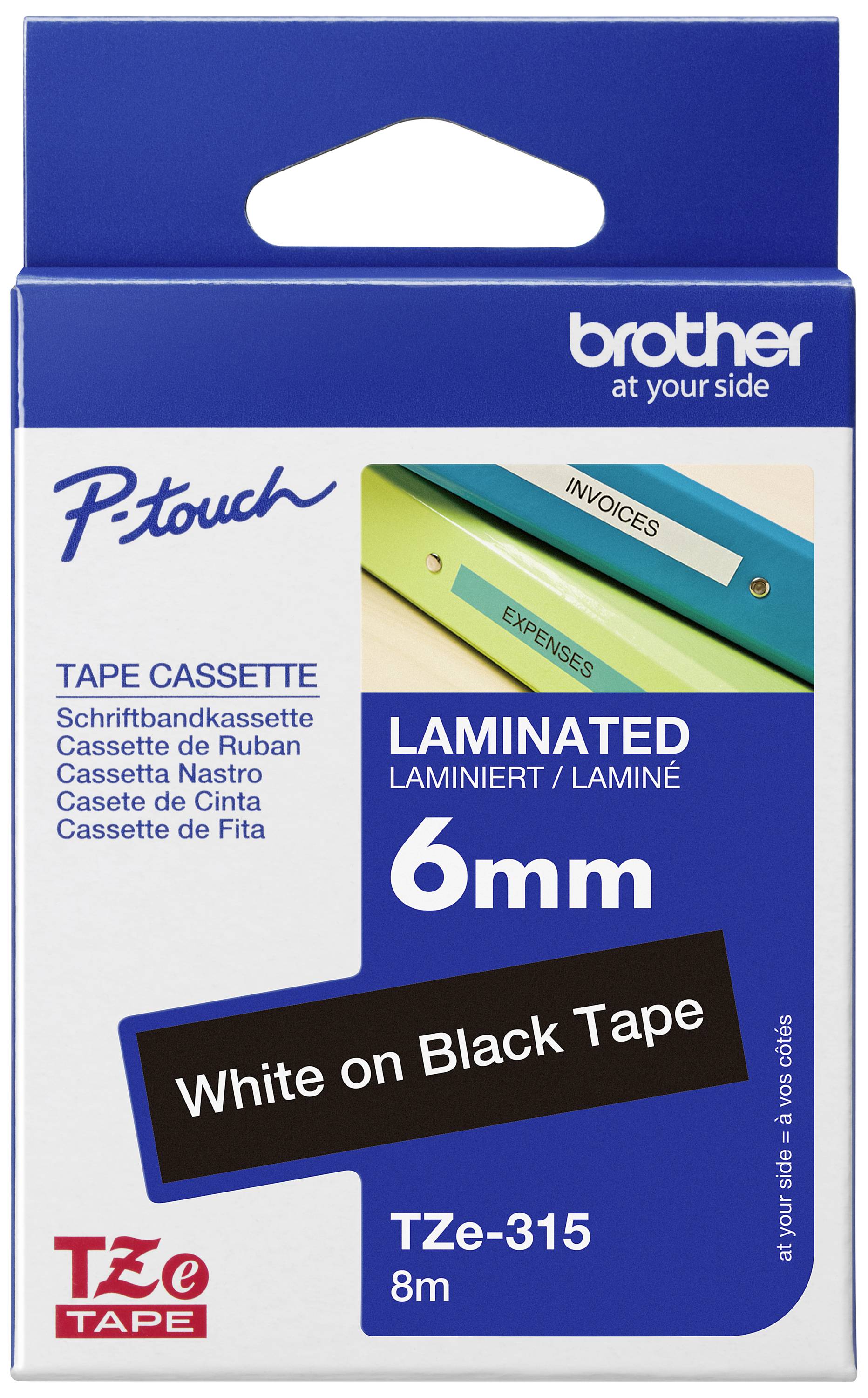 Confezione di una cassetta Brother P-touch TZe-315. Testo 'Nastro Bianco su Nero, Laminato, 6mm'. Adatto per etichettare.