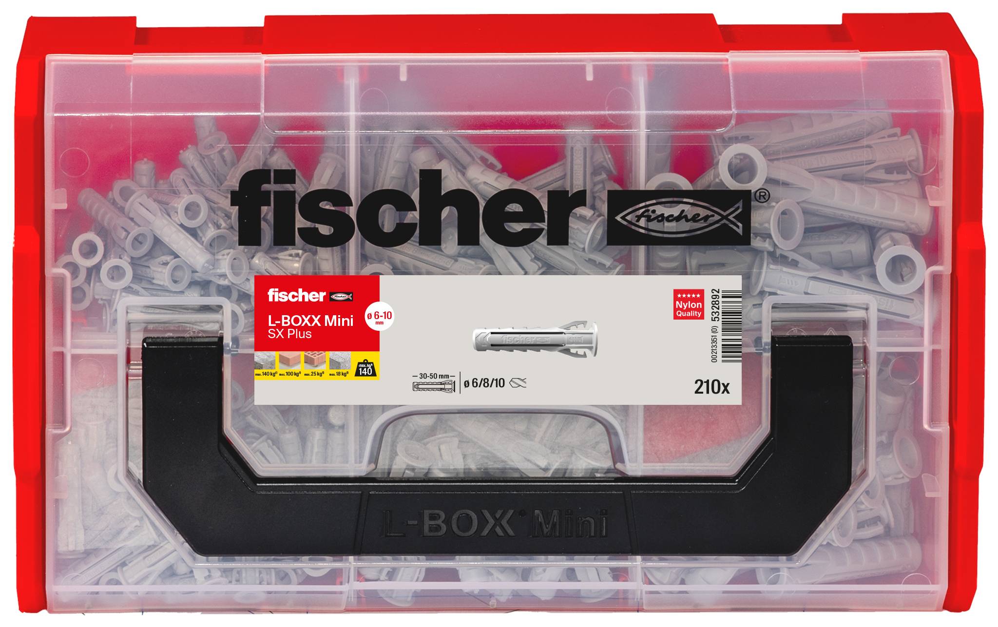 Organizer Mini L-BOXX Red Fischer pieno di tasselli da muro e viti, etichettato con 'fischer' e '210x'.