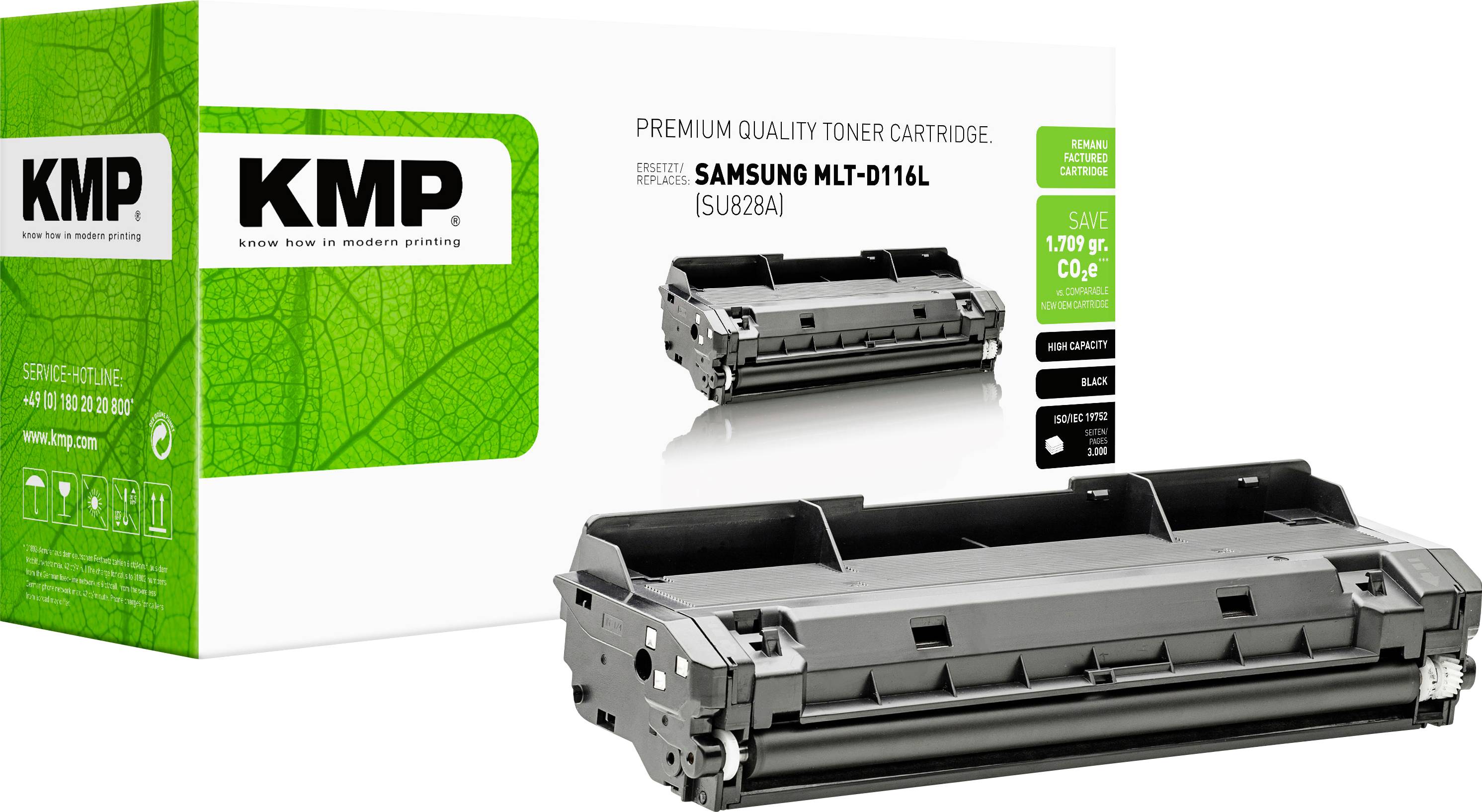 Imballaggio cartuccia di toner di qualità premium KMP e cartuccia per Samsung MLT-D116L, mostrati con scatola prodotto e cartuccia su sfondo bianco.