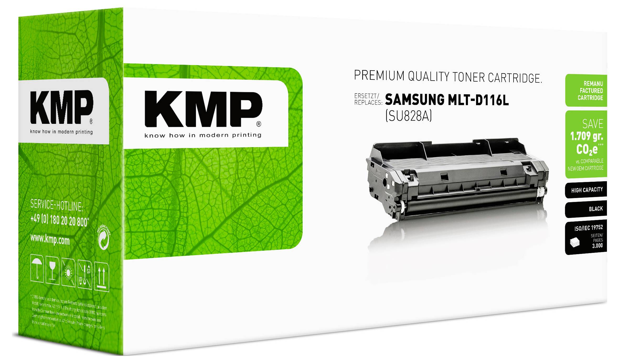 Scatola di cartuccia di toner di qualità premium KMP per Samsung MLT-D116L, mostrata con immagine della cartuccia e confezione con branding verde.