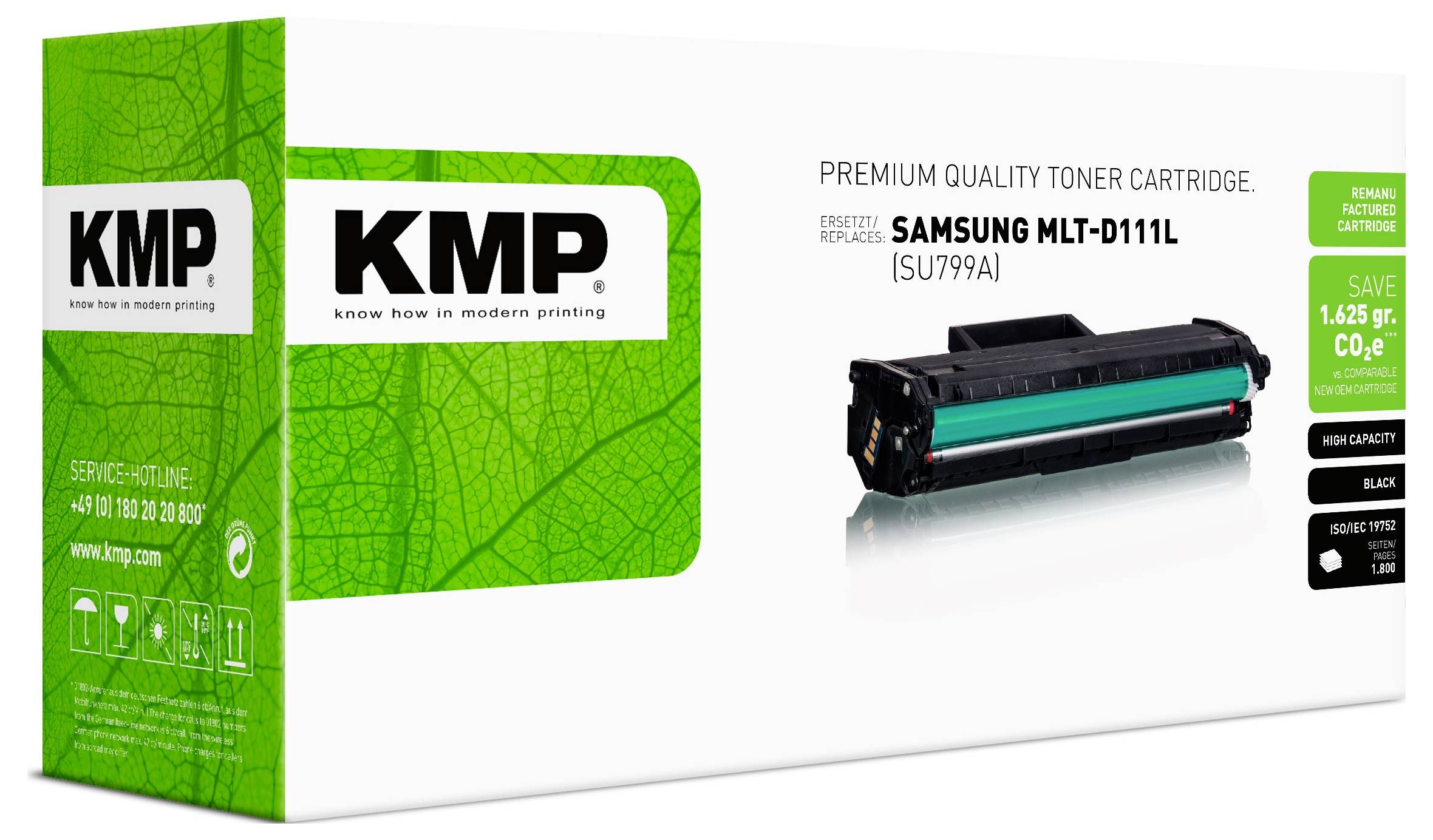 Confezione di cartuccia di toner di qualità premium KMP per Samsung MLT-D111L, nero, con immagine del prodotto ed etichette di compatibilità.