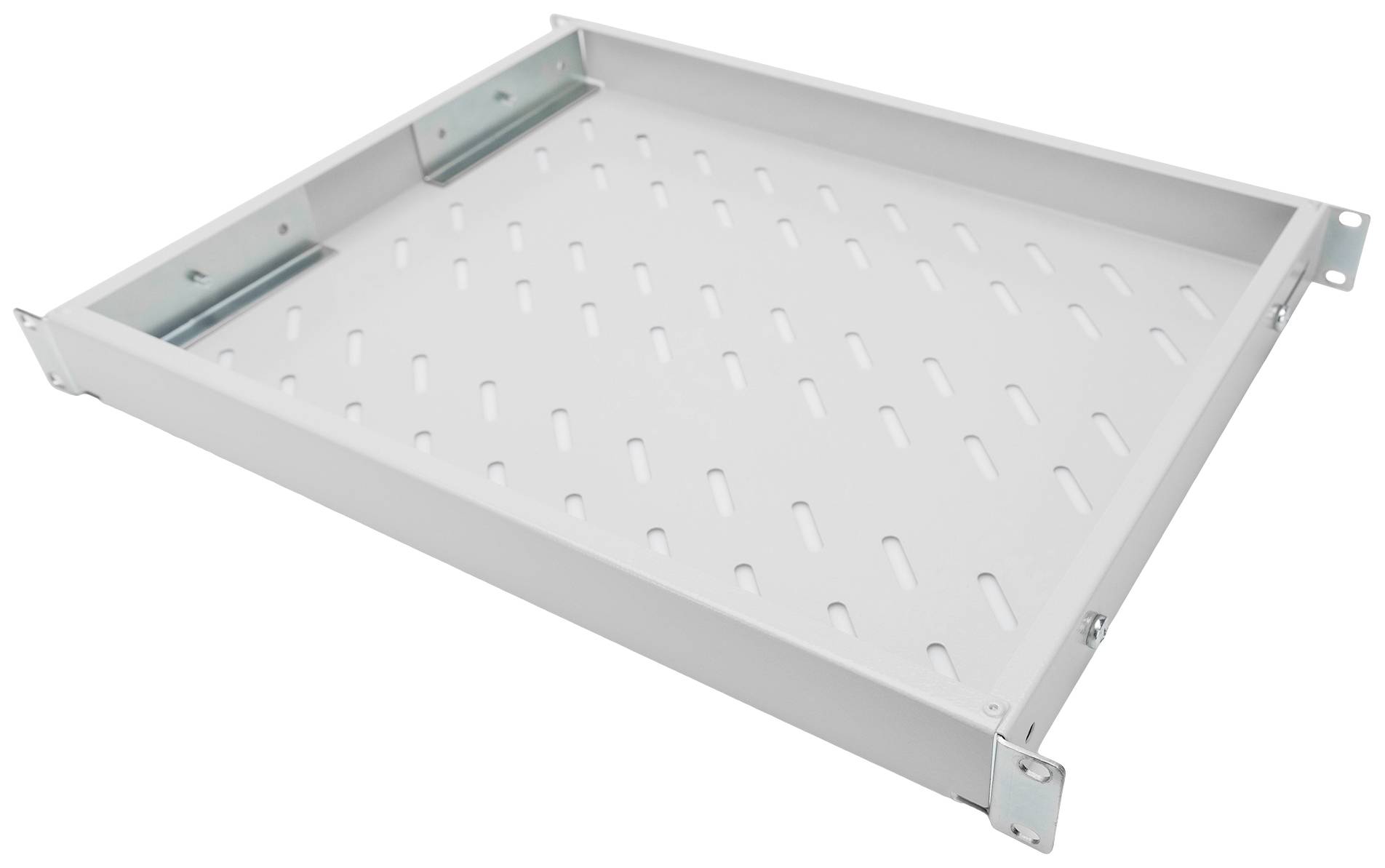 Un vano dispositivi bianco, metallico, con fessure di ventilazione e supporti sui lati per l'installazione in un telaio o un armadio più ampio.