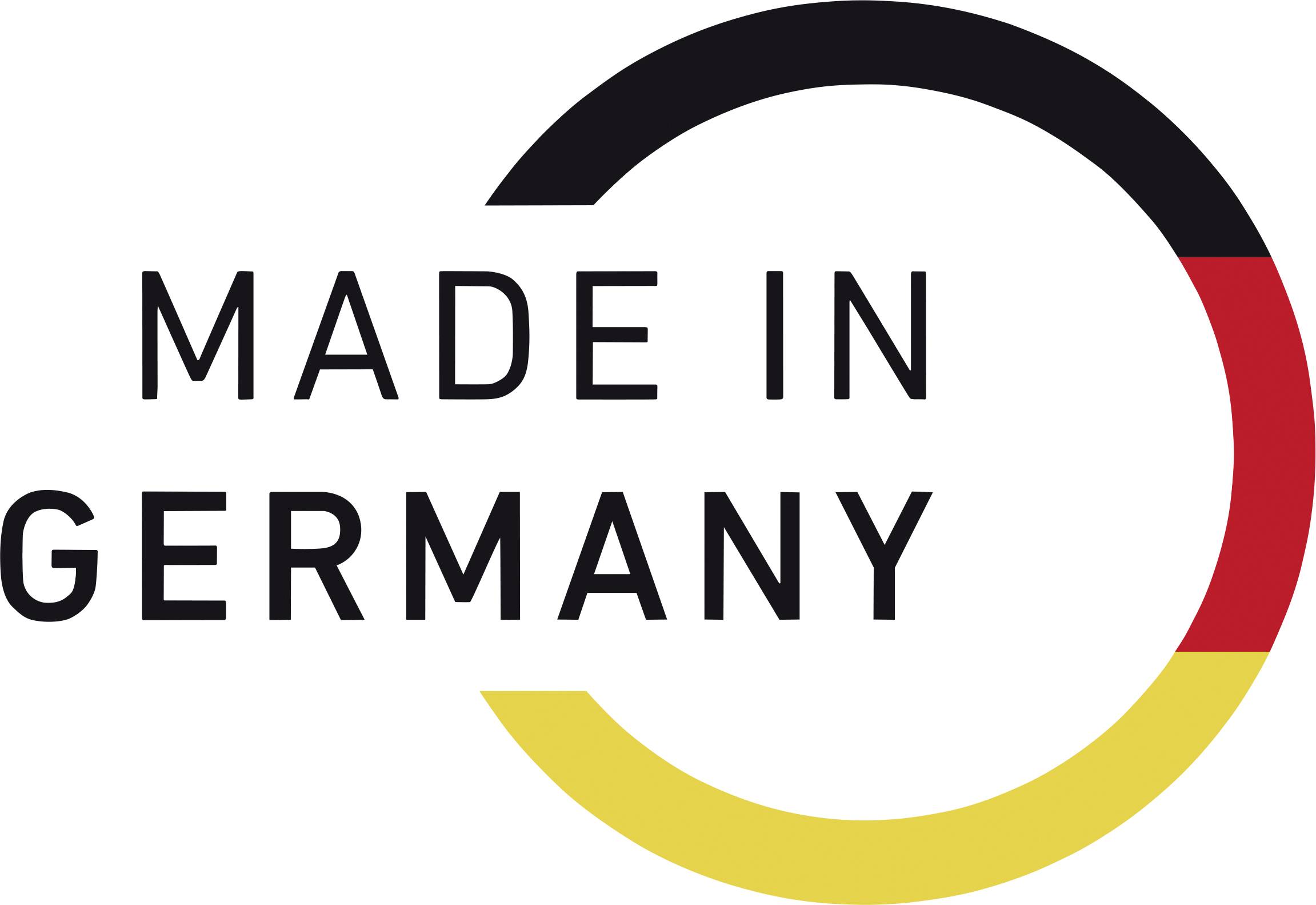 Logo 'Made in Germany' con design semicircolare in nero, rosso e oro, simboleggia la qualità e l'origine tedesca.