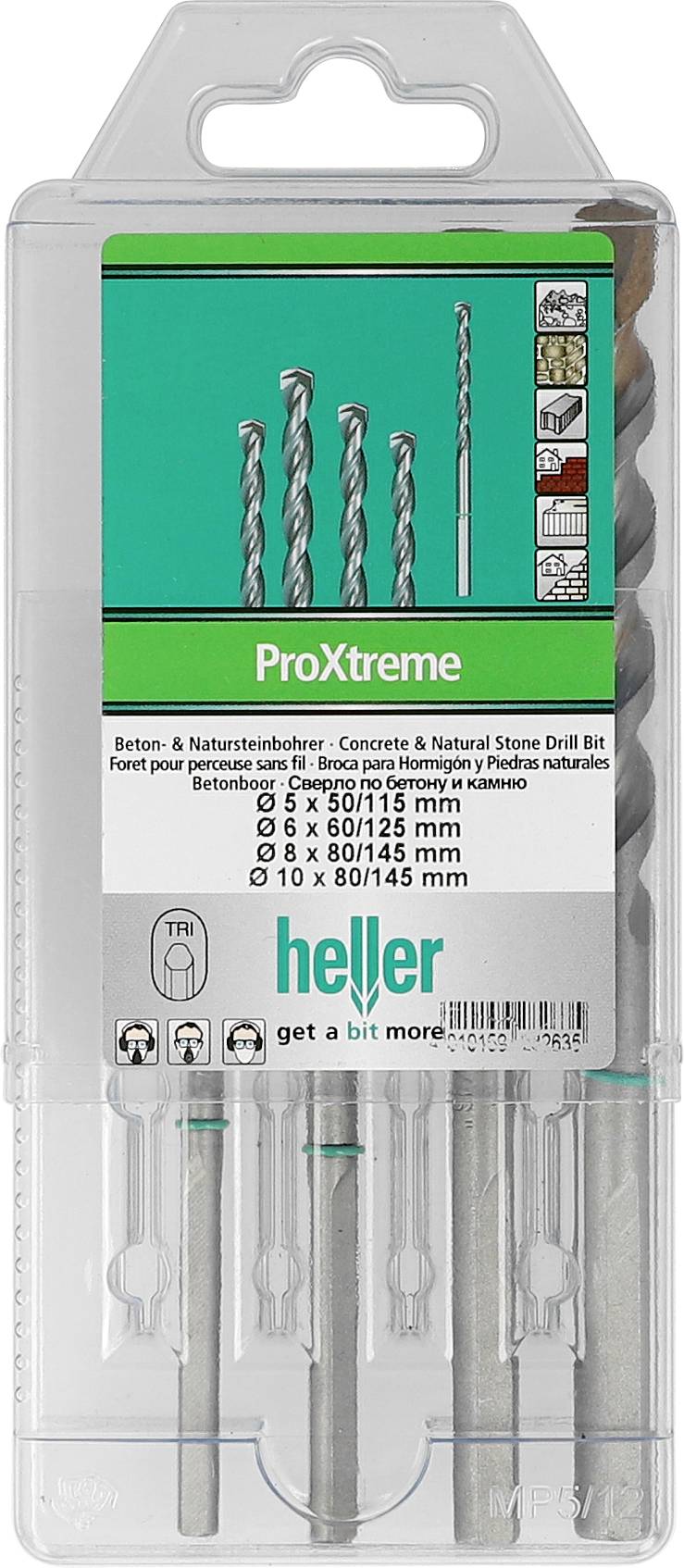Confezionamento per punte da trapano Heller ProXtreme per calcestruzzo e pietra naturale, che mostra cinque punte da trapano e intervallo di dimensioni da 5 a 14,5 mm.