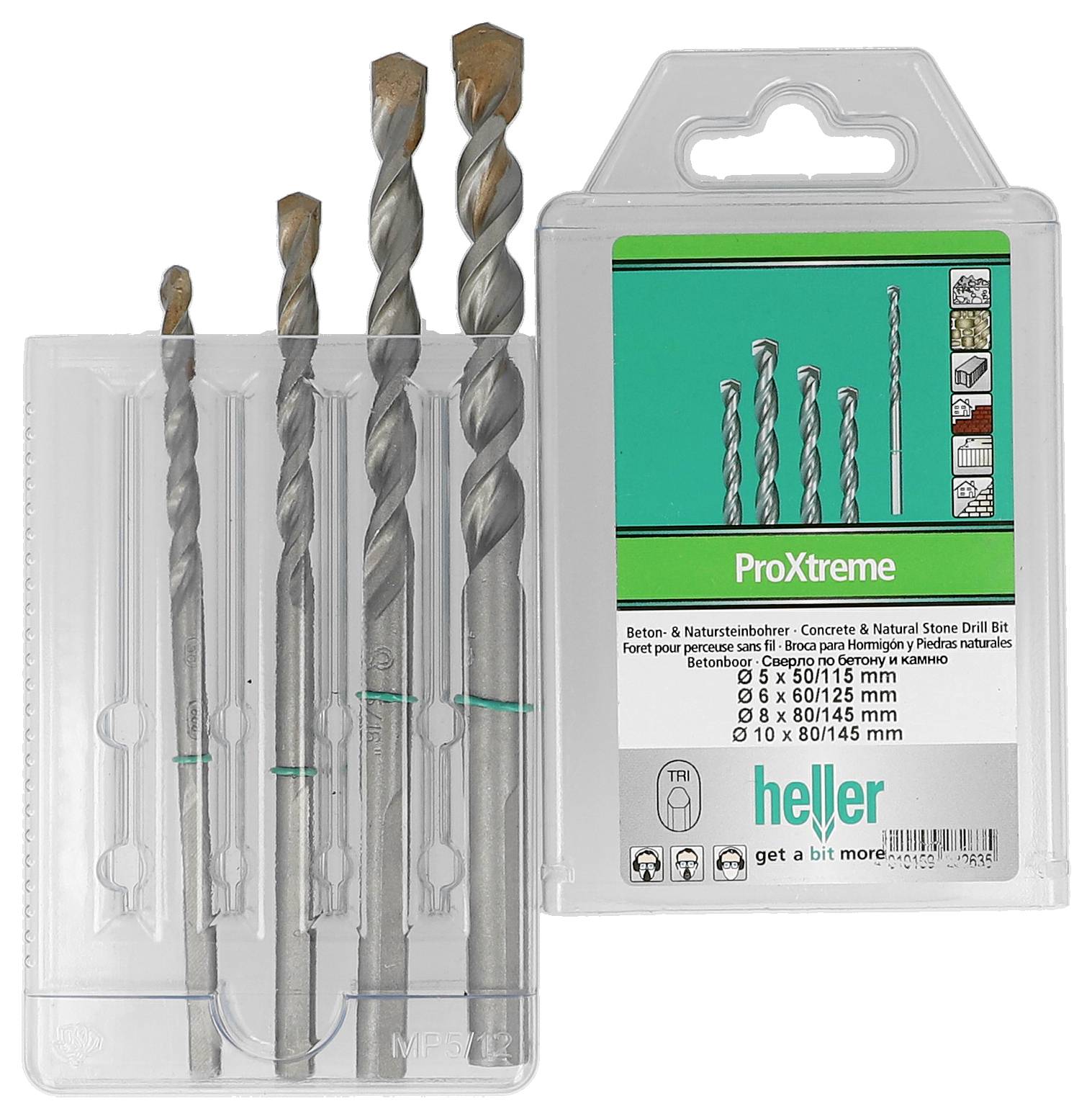 Confezione di punte per muratura Heller ProXtreme in scatola di plastica trasparente, che mostra quattro punte e l'etichetta del prodotto.
