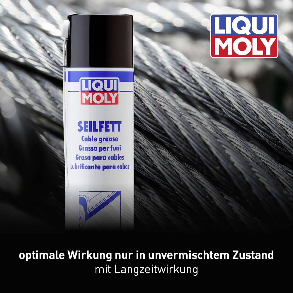 Grasso per funi LIQUI MOLY per la lubrificazione di funi e trasmissioni. Testo: 'efficacia ottimale solo in stato non miscelato con effetto a lungo termine'. Sullo sfondo sono visibili delle funi.