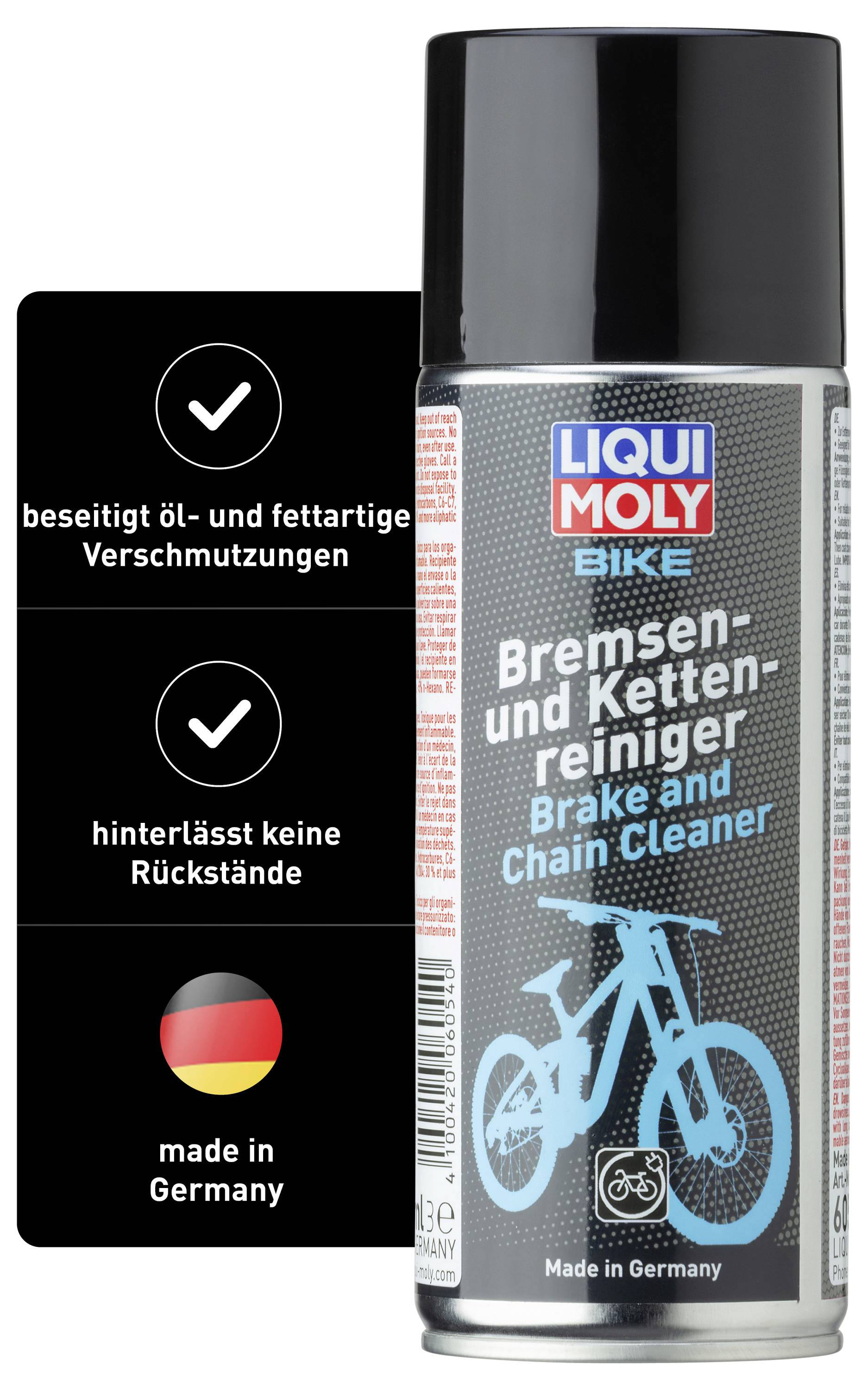 'Spray LIQUI MOLY Detergente per freni e catene di biciclette, rimuove sporco di olio e grasso, senza residui, Prodotto in Germania.'