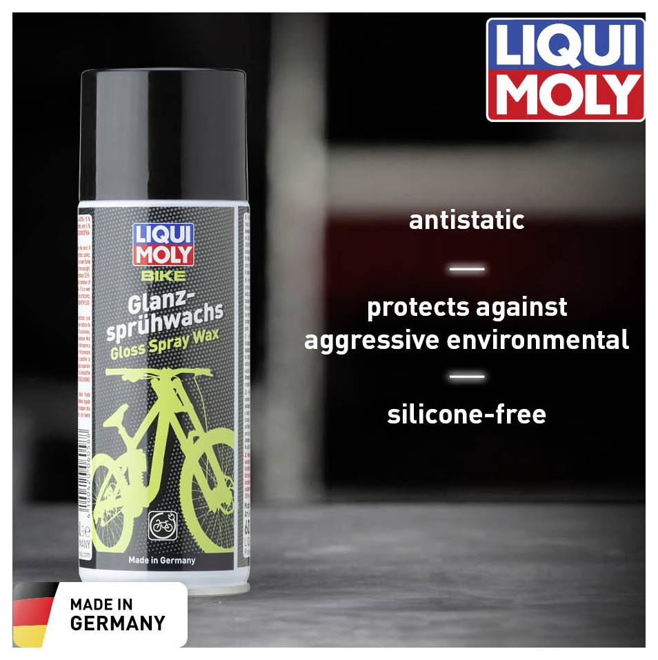 'LIQUI MOLY Cera spray lucidante' Bomboletta spray con illustrazione di bicicletta. Etichetta: 'antistatico, protegge da influssi ambientali aggressivi, privo di silicone.'