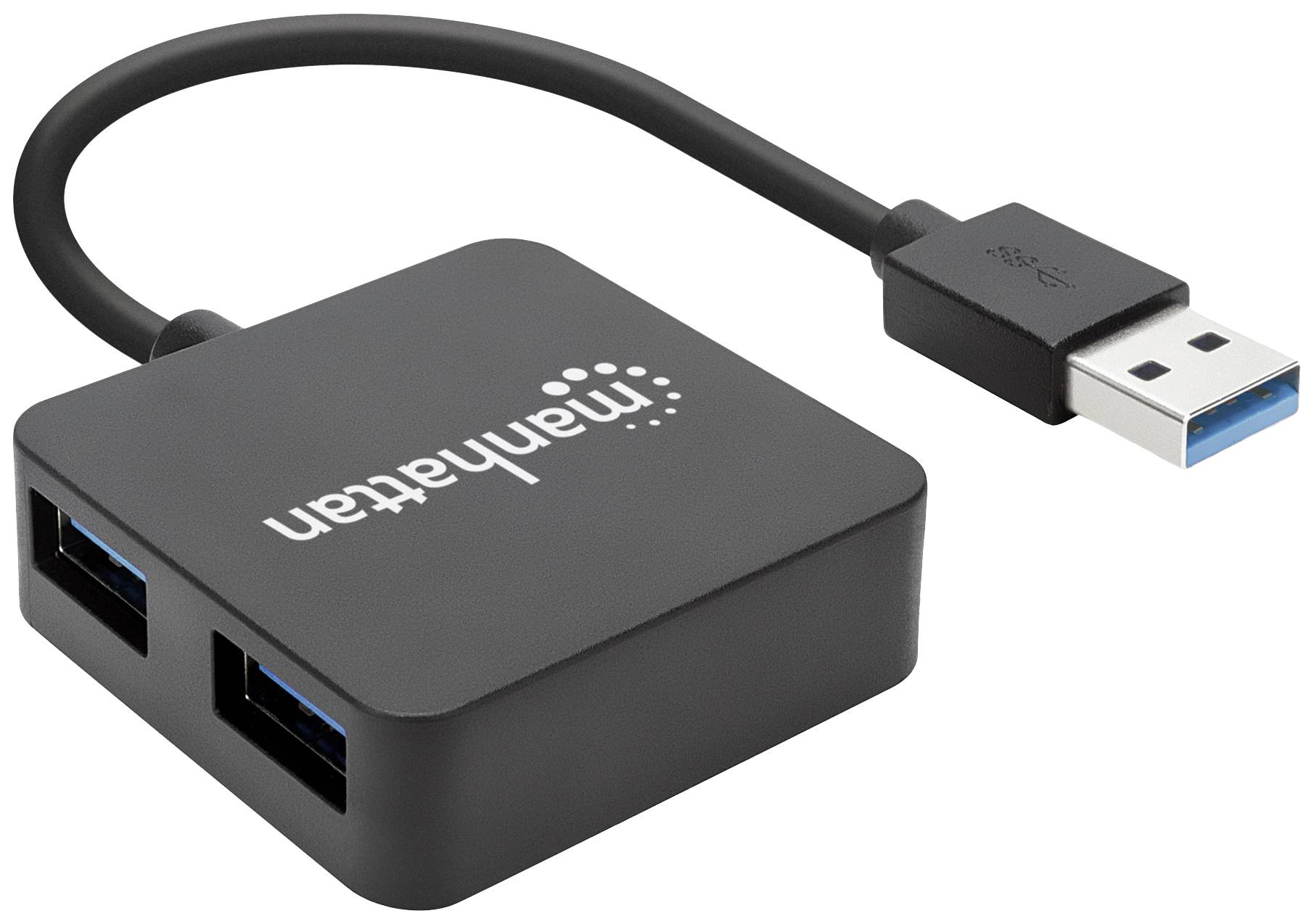 Hub USB nero Manhattan con due porte USB e un cavo di collegamento. Ideale per l'espansione delle porte USB.