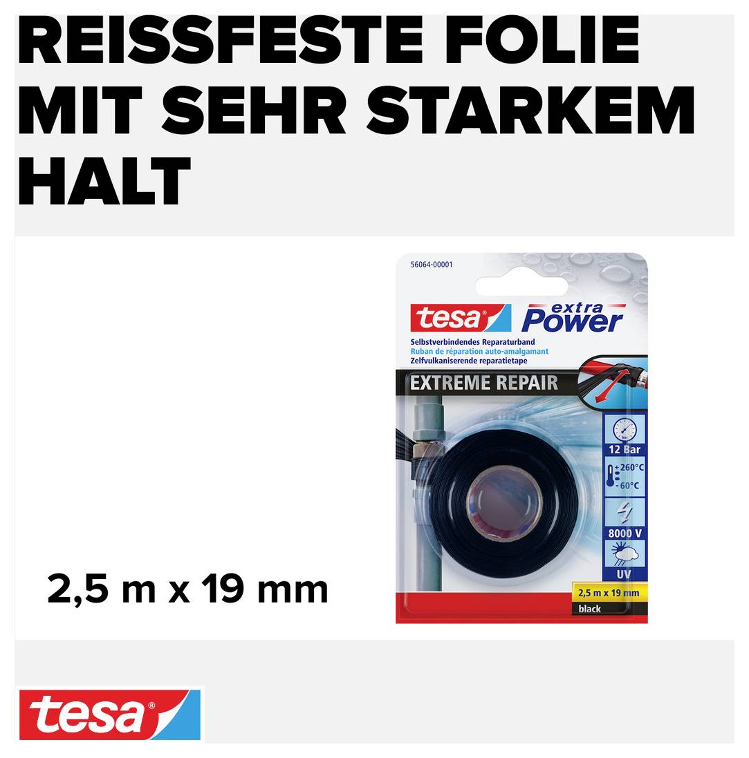 "Pellicola resistente allo strappo con tenuta estremamente forte" è scritto in alto. È raffigurata una confezione di nastro adesivo tesa extra Power Extreme Repair, 2,5 m x 19 mm.