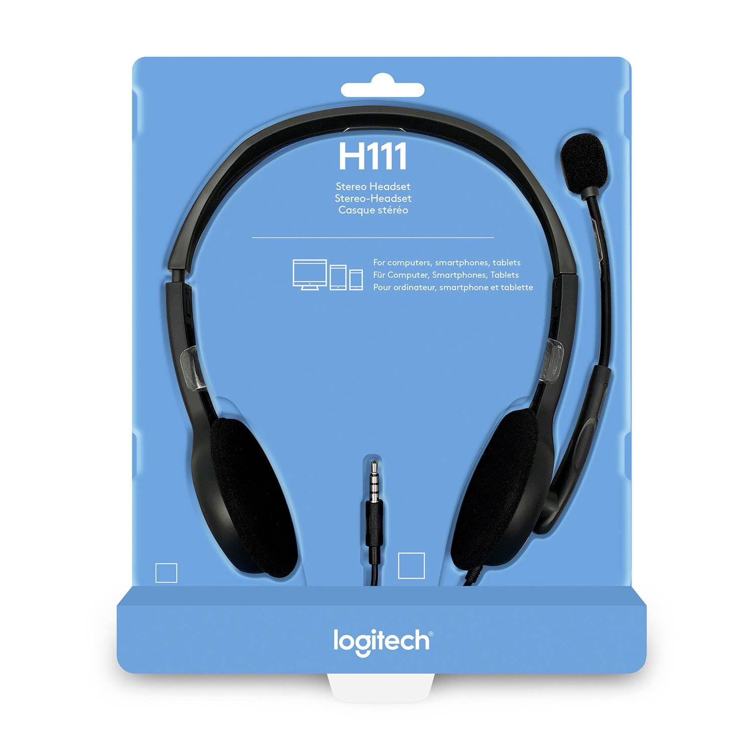 Cuffie stereo Logitech H111 di colore nero, adatte per computer, smartphone e tablet, raffigurate su sfondo blu.