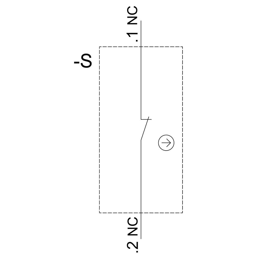 Simbolo elettrico di un interruttore bipolare normalmente chiuso con freccia che indica la direzione del flusso. Marcature '1 NC' e '2 NC'.