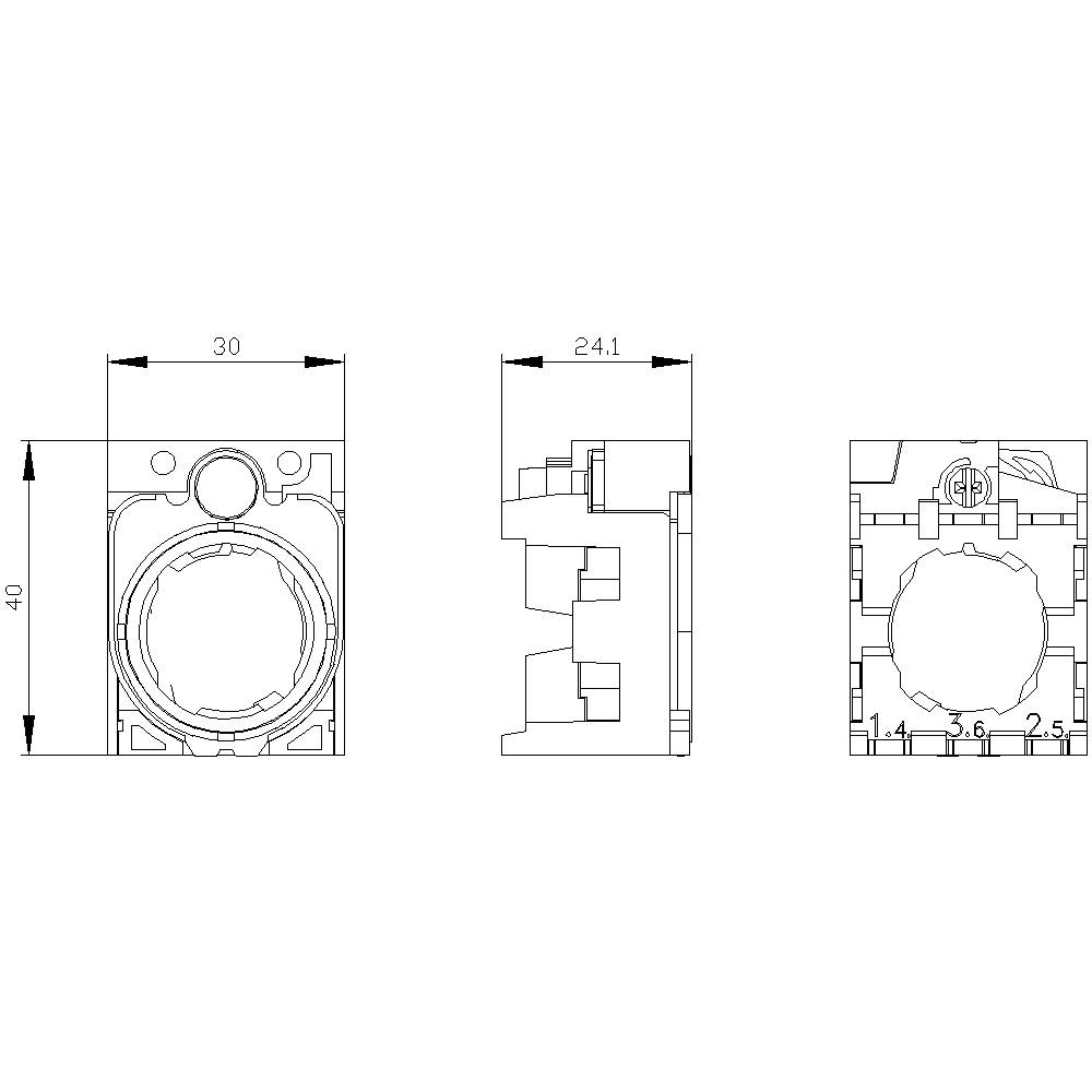 Disegno tecnico di un componente elettrico con tre proiezioni. Dimensioni: 30 mm x 40 mm e profondità di 24,1 mm, che mostra i dettagli del design.