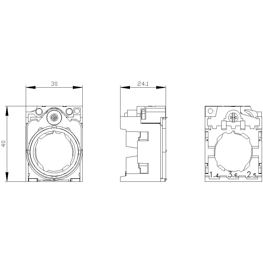 Disegno tecnico di un supporto per interruttore con vista frontale, laterale e dall'alto. Dimensioni: 40 mm x 30 mm x 24,1 mm.