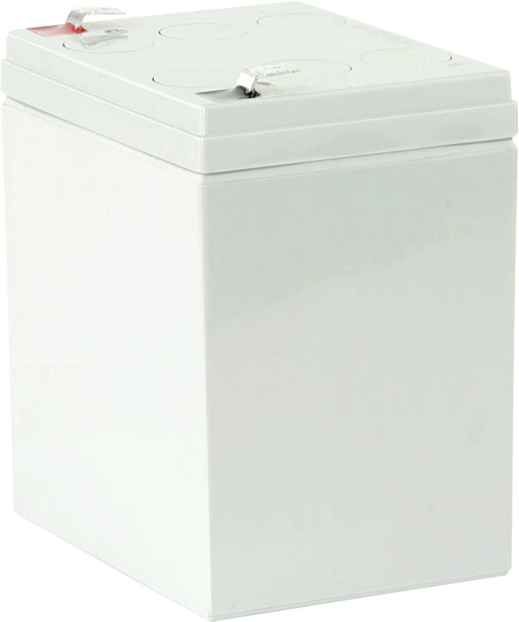 Batteria bianca, rettangolare, con coperchio rimovibile e morsetti rossi e neri sulla parte superiore. Adatta per applicazioni industriali.