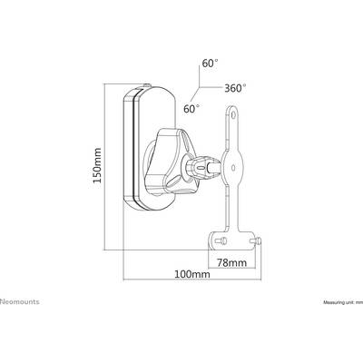 Disegno tecnico di un supporto a parete: dimensioni 150 mm x 100 mm; angolo di rotazione 360°, angolo di inclinazione 60°; misurazione in mm.