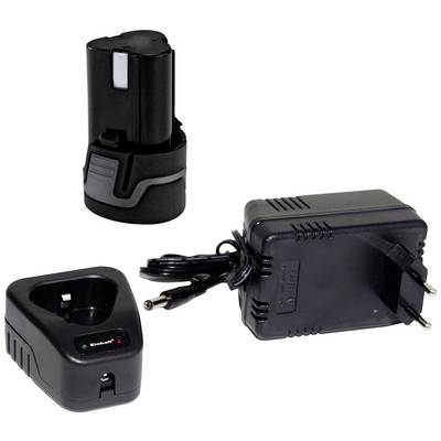 Caricabatterie nero con cavo, batteria e base di ricarica, spina europea. Ideale per dispositivi elettronici e utensili.