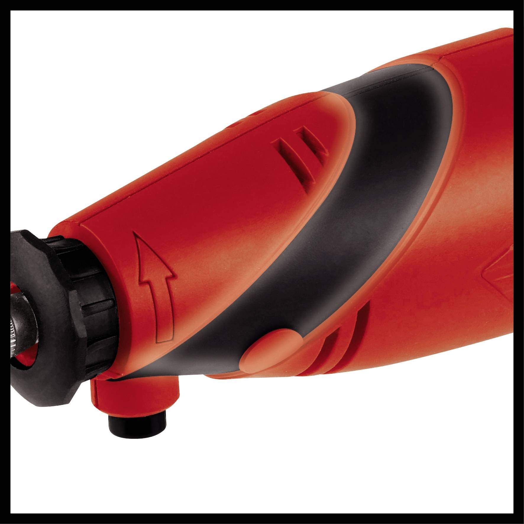 Un utensile elettrico multifunzione rosso con impugnatura ergonomica e un segno a freccia che indica la direzione di rotazione.