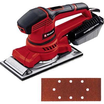 Un levigatrice orbitale rossa di Einhell con scatola filtro e un foglio di carta abrasiva separato con fori.