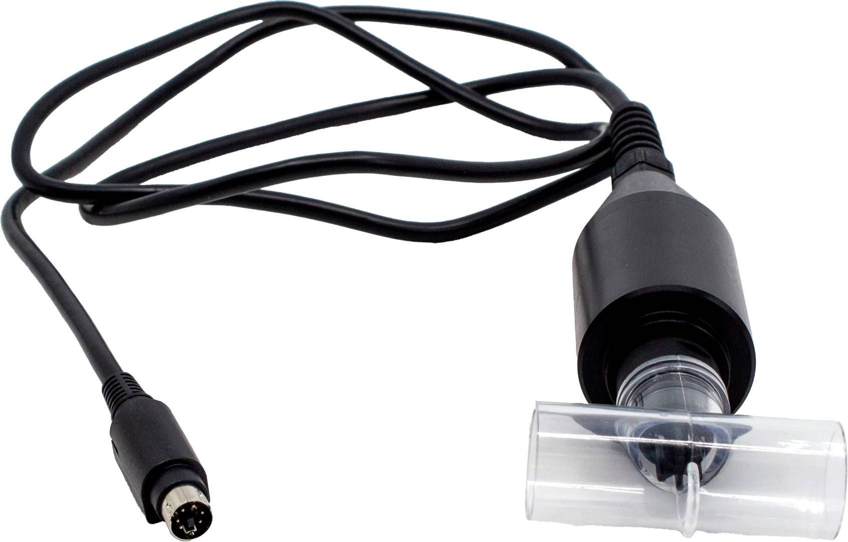 Un cavo nero con un connettore rotondo e un adattatore in plastica all'estremità opposta, utilizzato per dispositivi medici.