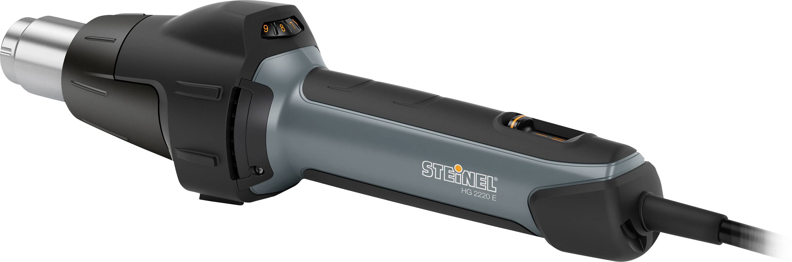 Pistola termica nera e grigia con cavo, dotata di ugello e maniglia laterale, etichettata 'STEINEL', mostrata su sfondo bianco.