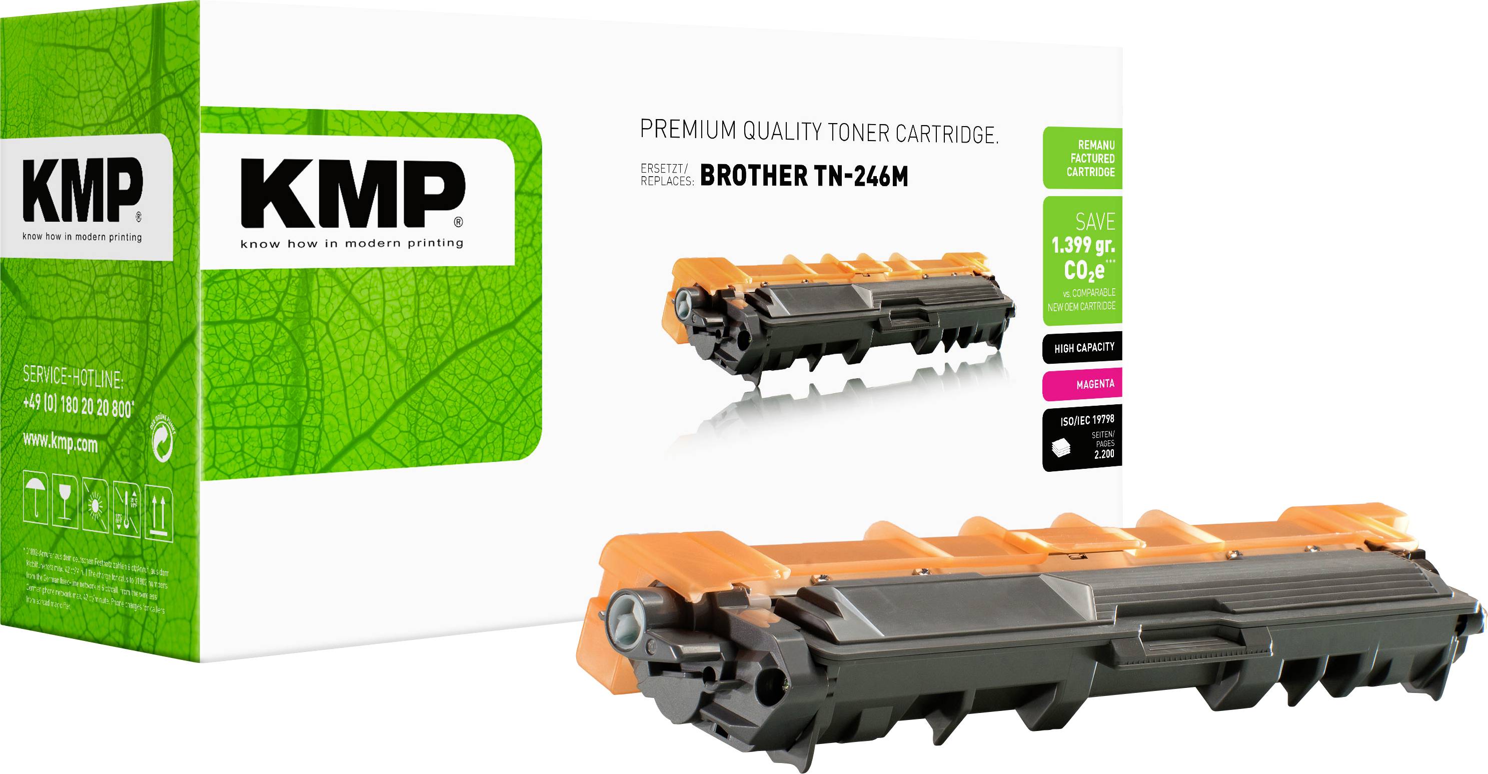 Confezione di cartuccia toner di qualità premium KMP per Brother TN-246M, mostrata con la cartuccia arancione e nera e un'etichetta di risparmio verde.