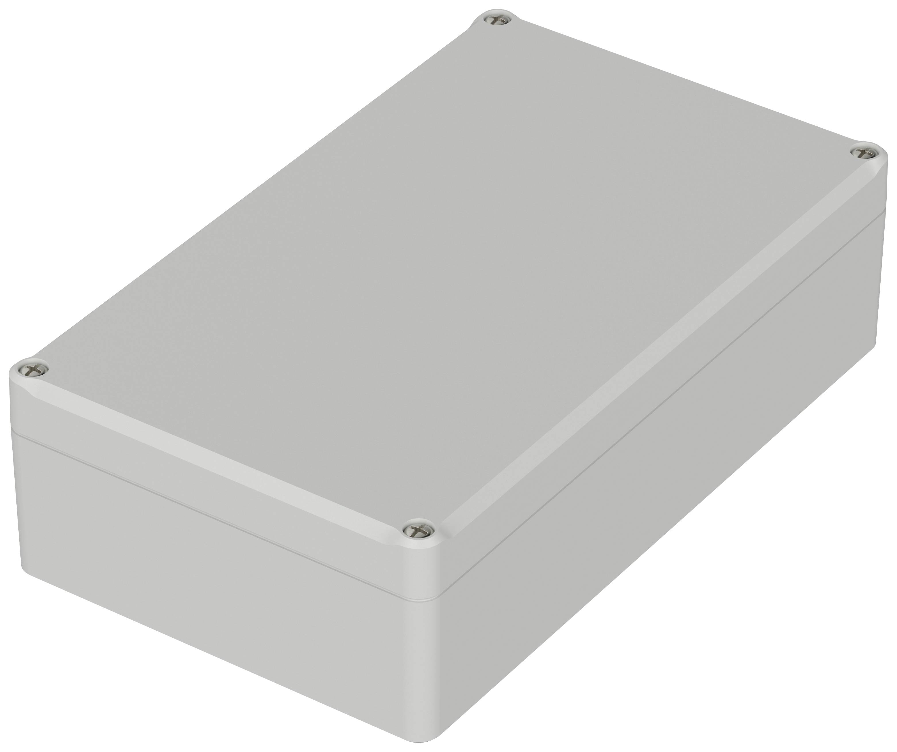 Custodia grigia rettangolare con angoli arrotondati e quattro viti visibili agli angoli. Adatta per componenti elettronici.
