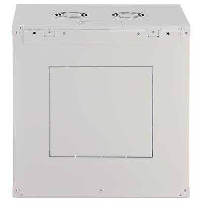 Un armadio rack per server metallico rettangolare con ventole di raffreddamento sulla parte superiore, visto frontalmente, che mostra un design minimalista.