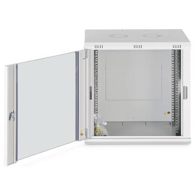 Un armadio rack per server in metallo bianco con porta aperta, che mostra un interno vuoto e guide di montaggio, idoneo per l'installazione di apparecchiature di rete.